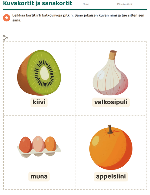 Esikatselu: Kuvakortit-tehtäväarkki, aiheena Ruokakaupassa, Esiopetus