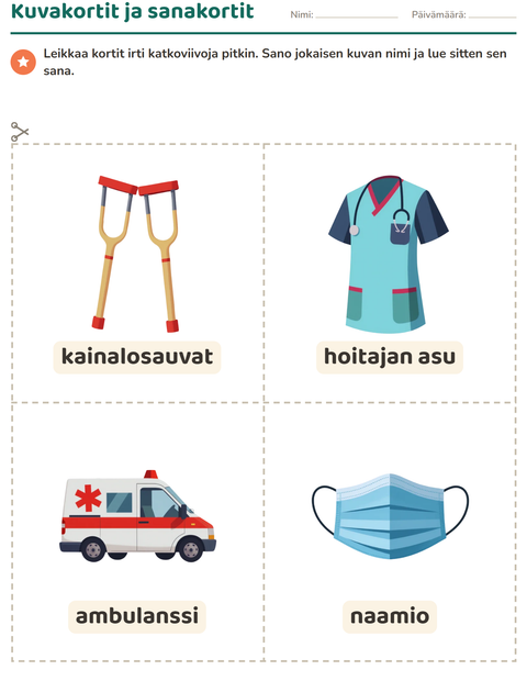 Esikatselu: Kuvakortit-tehtäväarkki, aiheena Sairaala, Esiopetus