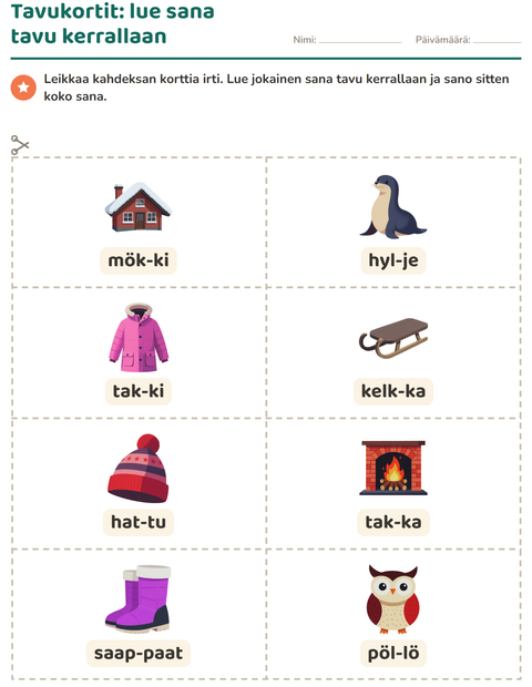 Esikatselu: Kuvakortit-tehtäväarkki, aiheena Talvi, 1. luokka
