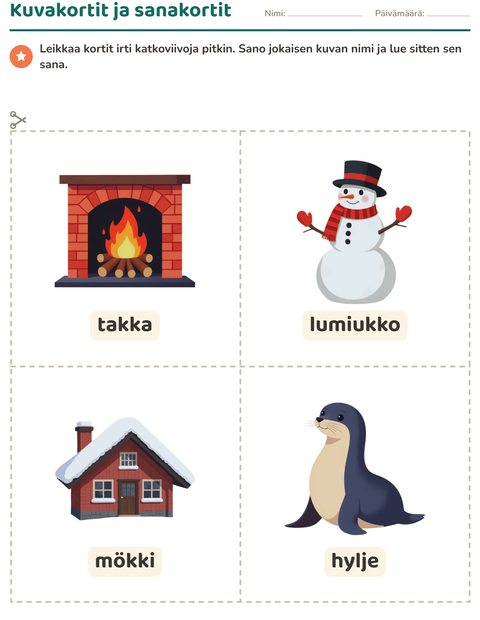 Esikatselu: Kuvakortit-tehtäväarkki, aiheena Talvi, Esiopetus