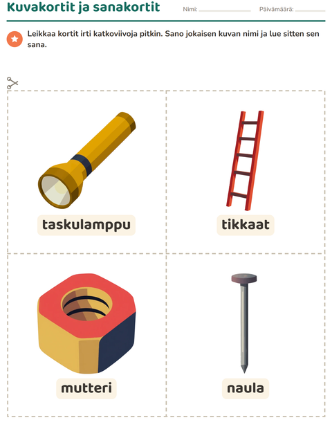 Esikatselu: Kuvakortit-tehtäväarkki, aiheena Työkalut, Esiopetus