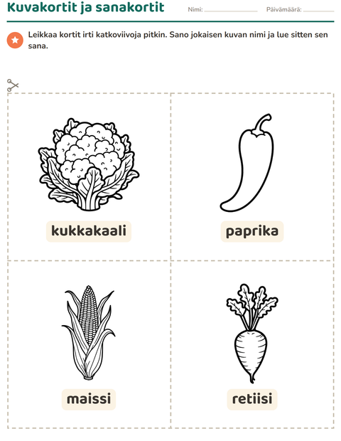 Esikatselu: Kuvakortit-tehtäväarkki, aiheena Vihannekset MV 2, Esiopetus