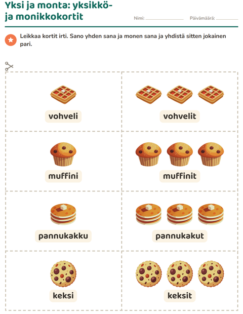 Esikatselu: Kuvakortit-tehtäväarkki, aiheena Jälkiruoat ja makeiset, Esiopetus