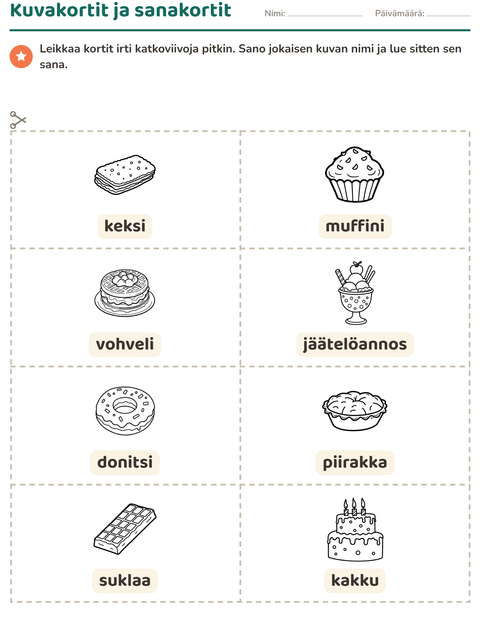 Esikatselu: Kuvakortit-tehtäväarkki, aiheena Jälkiruoka (M/V), Esiopetus