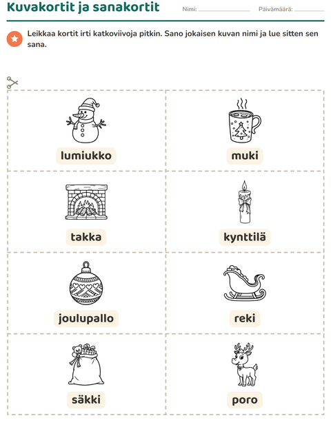 Esikatselu: Kuvakortit-tehtäväarkki, aiheena Joulu M/V 2, Esiopetus