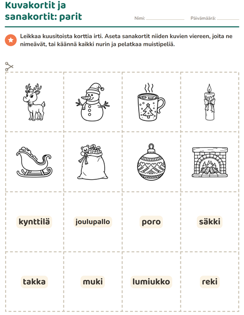 Esikatselu: Kuvakortit-tehtäväarkki, aiheena Joulu M/V 2, Esiopetus