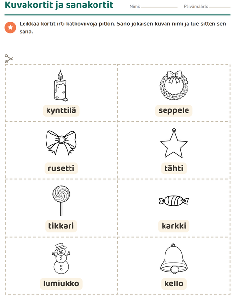 Esikatselu: Kuvakortit-tehtäväarkki, aiheena Joulu M/V, Esiopetus