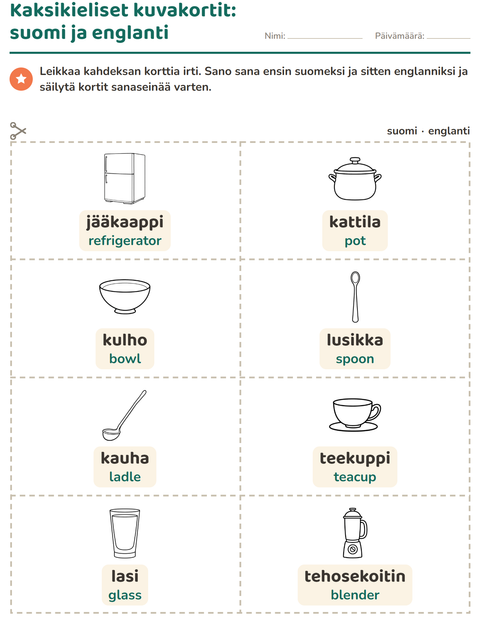 Esikatselu: Kuvakortit-tehtäväarkki, aiheena Keittiö MV, Esiopetus