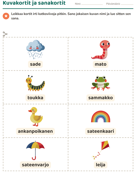 Esikatselu: Kuvakortit-tehtäväarkki, aiheena Kevät, Esiopetus