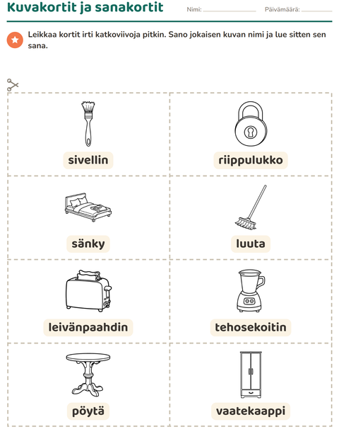 Esikatselu: Kuvakortit-tehtäväarkki, aiheena Koti MV 2, Esiopetus