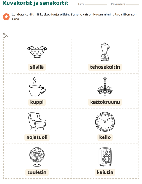 Esikatselu: Kuvakortit-tehtäväarkki, aiheena Koti MV, Esiopetus