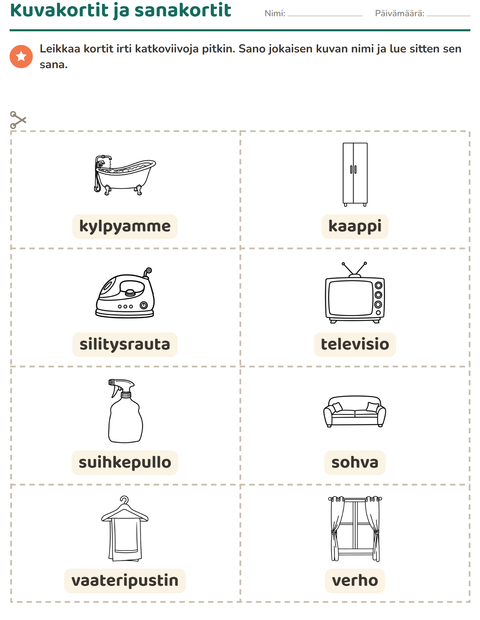Esikatselu: Kuvakortit-tehtäväarkki, aiheena Kotitalous MV, Esiopetus