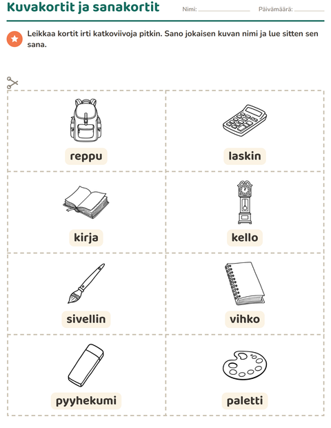 Esikatselu: Kuvakortit-tehtäväarkki, aiheena Koulutus MV, Esiopetus