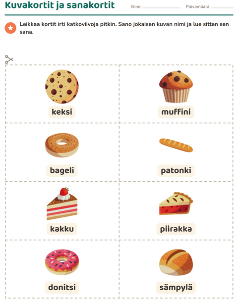 Esikatselu: Kuvakortit-tehtäväarkki, aiheena Leipomo, Esiopetus