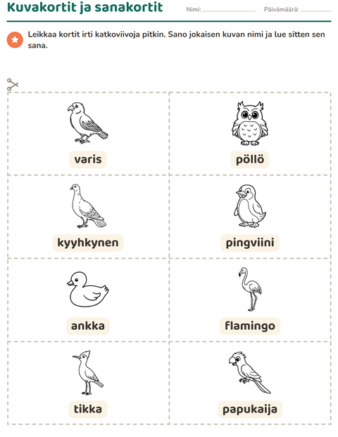 Esikatselu: Kuvakortit-tehtäväarkki, aiheena Linnut M&V, Esiopetus