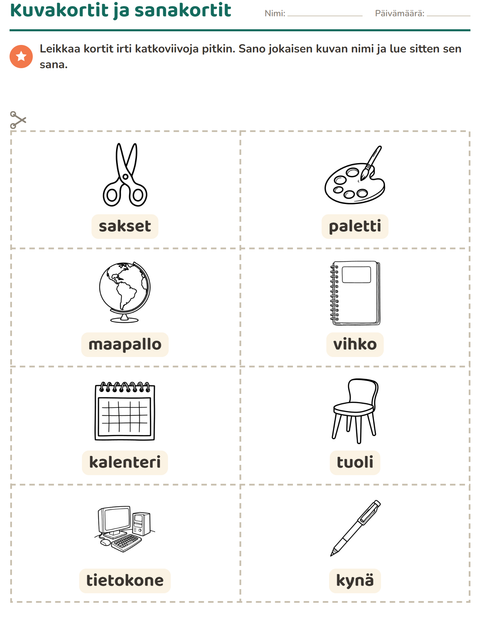 Esikatselu: Kuvakortit-tehtäväarkki, aiheena Luokkahuone 2 (M/V), Esiopetus
