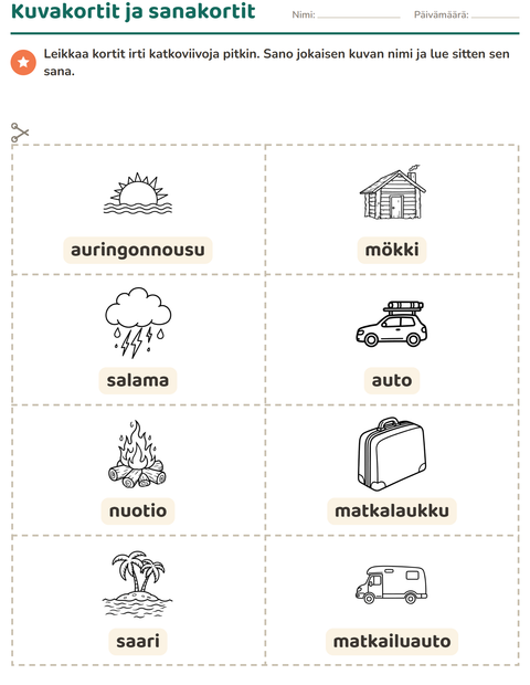Esikatselu: Kuvakortit-tehtäväarkki, aiheena Matkailu ja Loma MV, Esiopetus