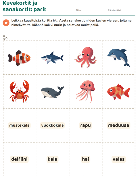 Esikatselu: Kuvakortit-tehtäväarkki, aiheena Merielämä, Esiopetus