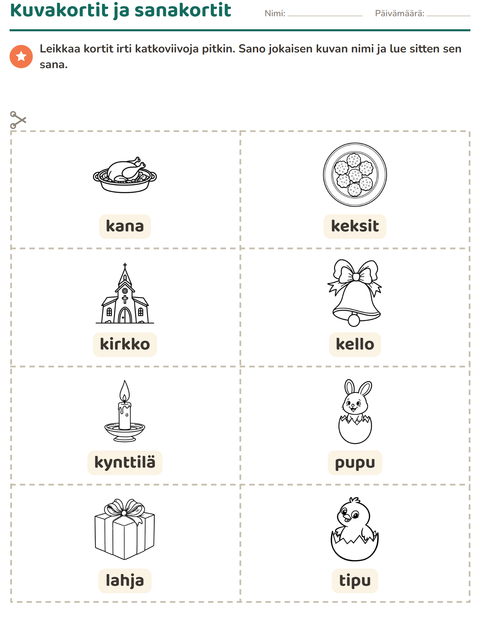 Esikatselu: Kuvakortit-tehtäväarkki, aiheena Pääsiäinen MV 2, Esiopetus