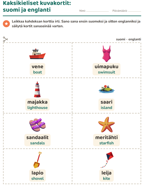 Esikatselu: Kuvakortit-tehtäväarkki, aiheena Ranta, Esiopetus