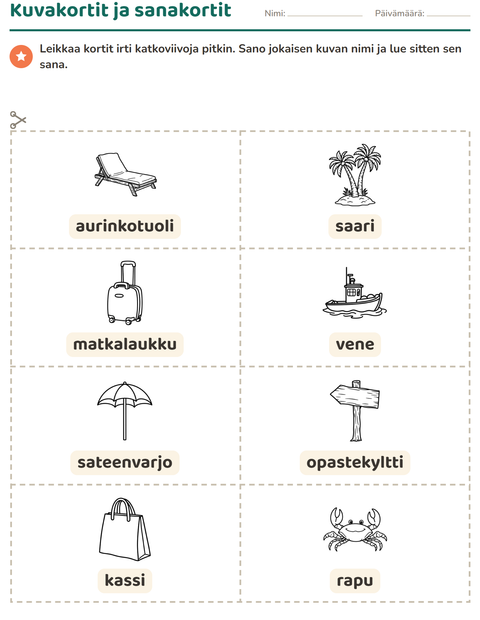 Esikatselu: Kuvakortit-tehtäväarkki, aiheena Ranta MV 2, Esiopetus