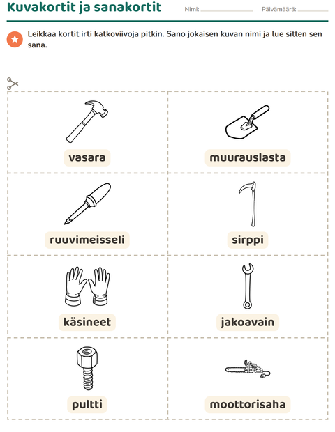Esikatselu: Kuvakortit-tehtäväarkki, aiheena Työkalut MV, Esiopetus