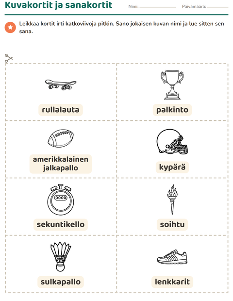 Esikatselu: Kuvakortit-tehtäväarkki, aiheena Urheilu MV 2, Esiopetus