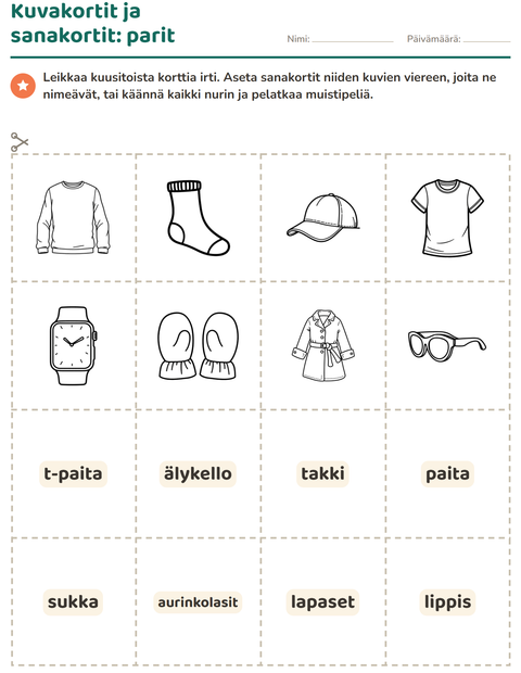 Esikatselu: Kuvakortit-tehtäväarkki, aiheena Vaatteet MV, Esiopetus