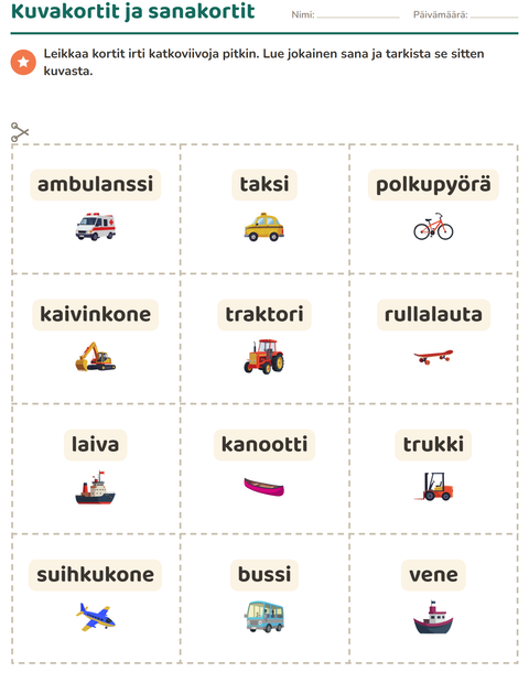 Esikatselu: Kuvakortit-tehtäväarkki, aiheena Ajoneuvot, Esiopetus