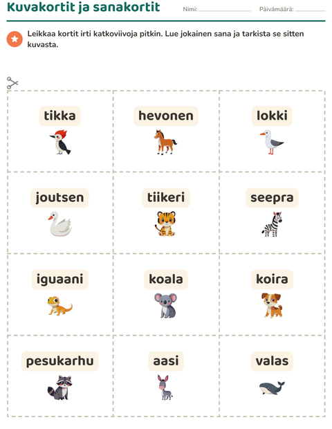 Esikatselu: Kuvakortit-tehtäväarkki, aiheena Eläimet, Esiopetus
