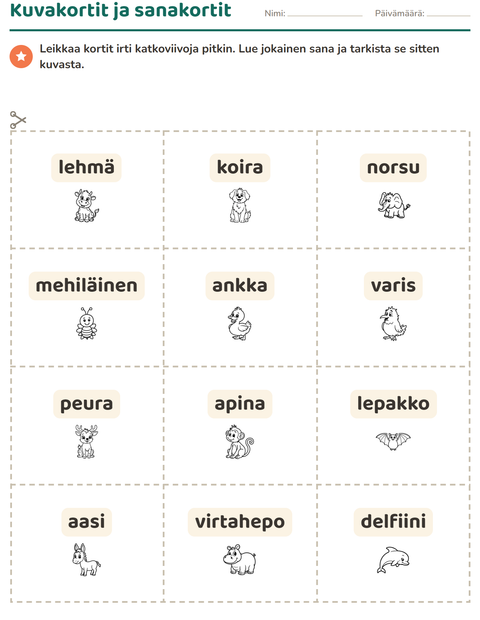 Esikatselu: Kuvakortit-tehtäväarkki, aiheena Eläimet MV 3, Esiopetus