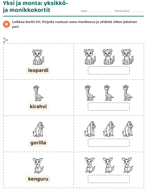 Esikatselu: Kuvakortit-tehtäväarkki, aiheena Eläintarhan eläimet MV, Esiopetus