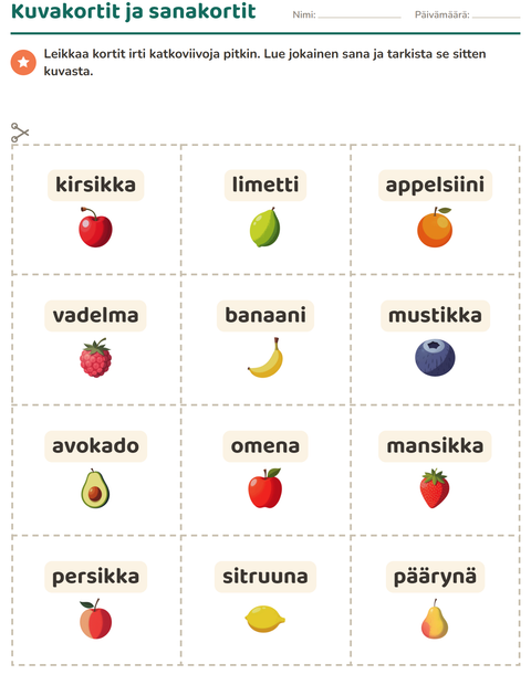 Esikatselu: Kuvakortit-tehtäväarkki, aiheena Hedelmät, Esiopetus