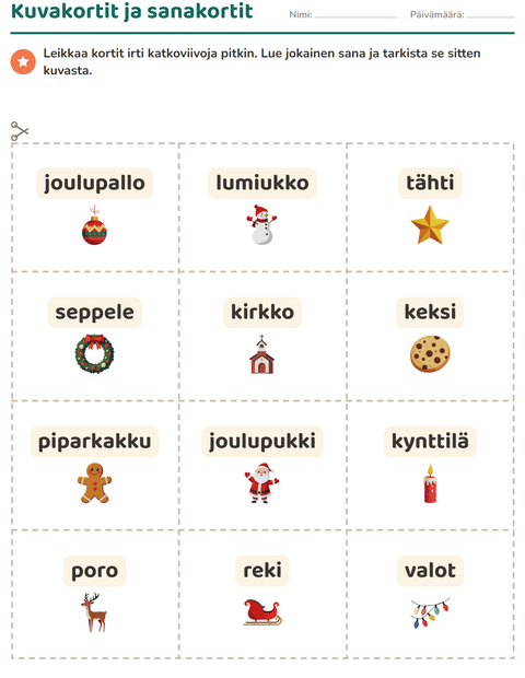 Esikatselu: Kuvakortit-tehtäväarkki, aiheena Joulu, Esiopetus