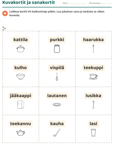 Esikatselu: Kuvakortit-tehtäväarkki, aiheena Keittiö MV, Esiopetus