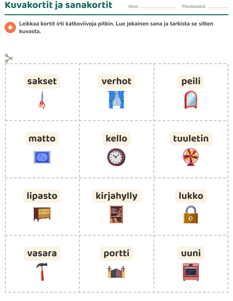 Esikatselu: Kuvakortit-tehtäväarkki, aiheena Kodin ympärillä, Esiopetus