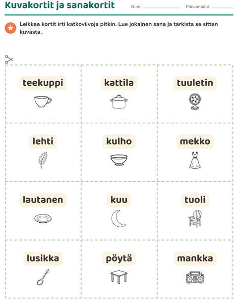 Esikatselu: Kuvakortit-tehtäväarkki, aiheena Koti ja Luonto MV, Esiopetus