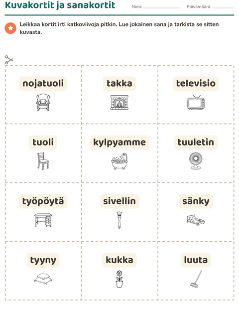 Esikatselu: Kuvakortit-tehtäväarkki, aiheena Koti MV 2, Esiopetus