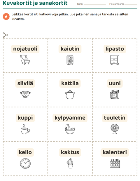 Esikatselu: Kuvakortit-tehtäväarkki, aiheena Koti MV, Esiopetus
