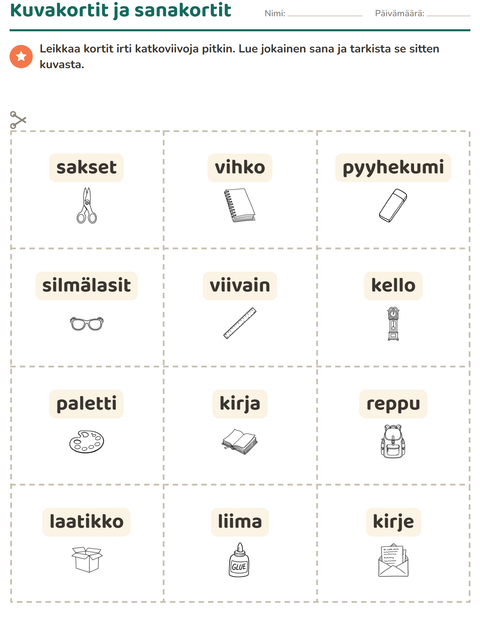 Esikatselu: Kuvakortit-tehtäväarkki, aiheena Koulutus MV, Esiopetus
