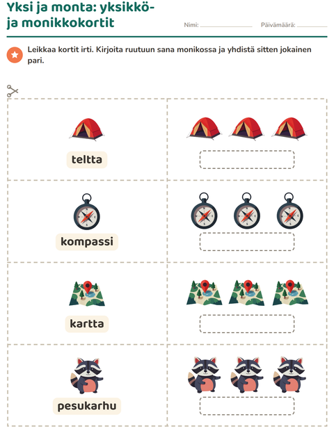Esikatselu: Kuvakortit-tehtäväarkki, aiheena Leirielämä, Esiopetus
