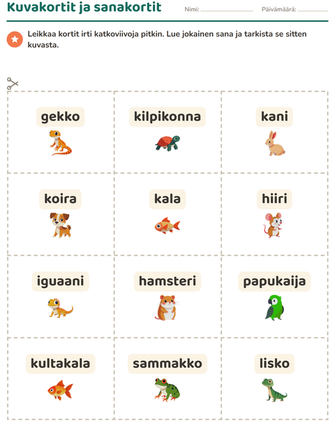 Esikatselu: Kuvakortit-tehtäväarkki, aiheena Lemmikit, Esiopetus