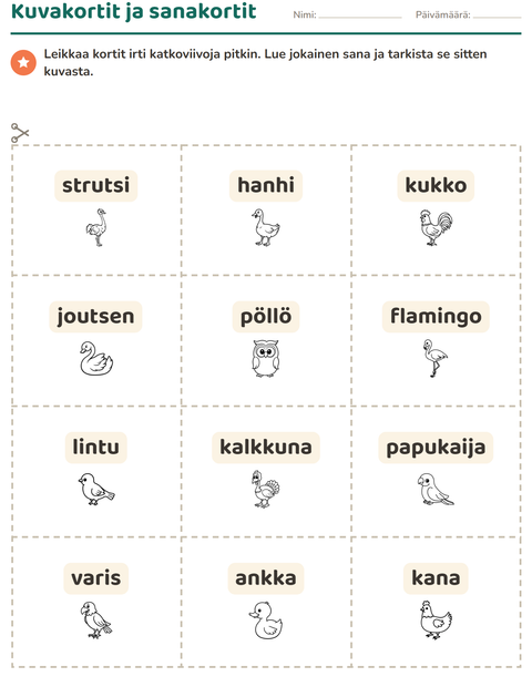 Esikatselu: Kuvakortit-tehtäväarkki, aiheena Linnut M&V 2, Esiopetus