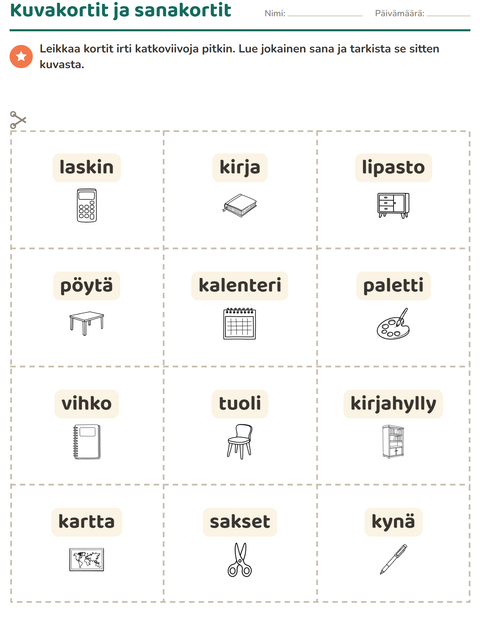 Esikatselu: Kuvakortit-tehtäväarkki, aiheena Luokkahuone 2 (M/V), Esiopetus