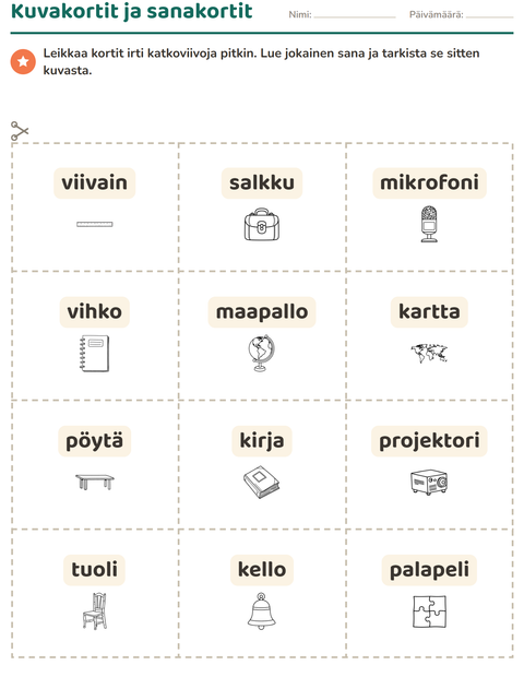 Esikatselu: Kuvakortit-tehtäväarkki, aiheena Luokkahuone (M/V), Esiopetus