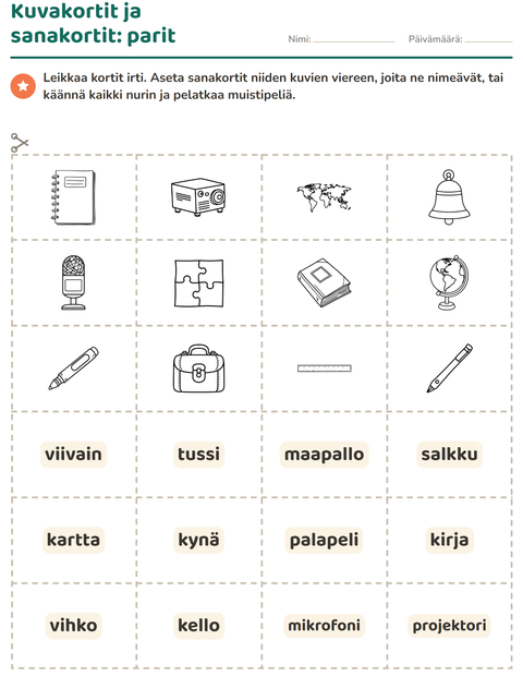 Esikatselu: Kuvakortit-tehtäväarkki, aiheena Luokkahuone (M/V), Esiopetus