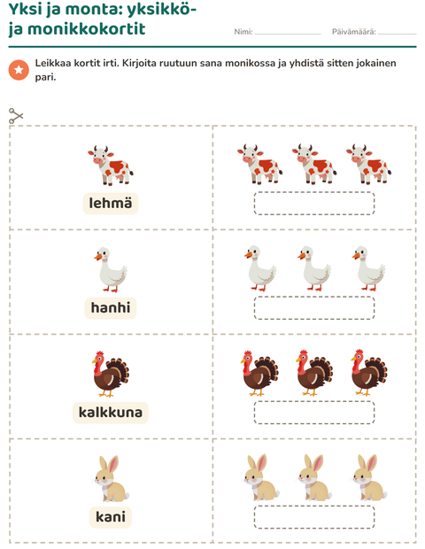 Esikatselu: Kuvakortit-tehtäväarkki, aiheena Maatilan eläimet, Esiopetus