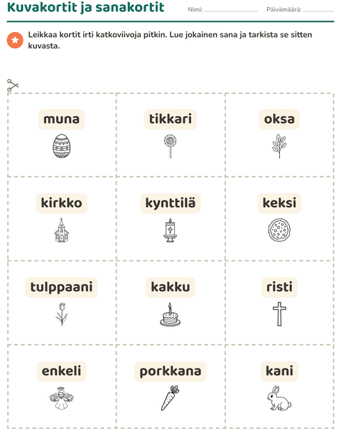 Esikatselu: Kuvakortit-tehtäväarkki, aiheena Pääsiäinen MV, Esiopetus