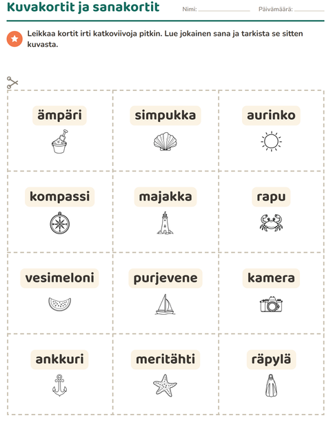 Esikatselu: Kuvakortit-tehtäväarkki, aiheena Ranta MV, Esiopetus