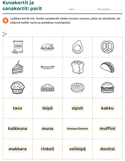 Esikatselu: Kuvakortit-tehtäväarkki, aiheena Ruoka MV 2, Esiopetus